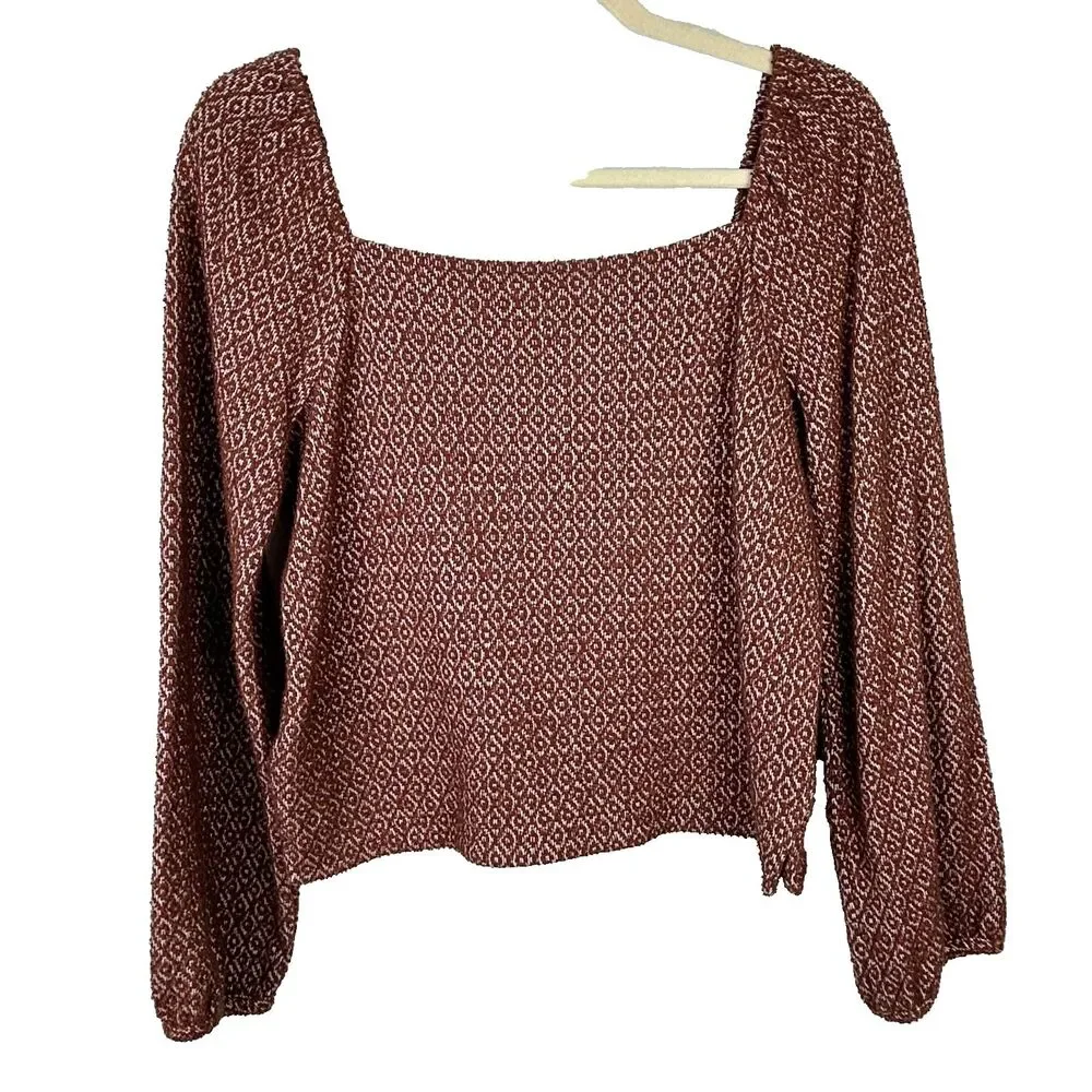 Madewell Jacquard Puff Sleeve Crop Top Square Neck Blouse Dark Merlot Rust sz XS